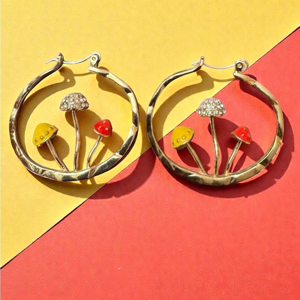 Anthropologie Gold Hoop Mushroom Earrings with Yellow & Red Enamel, NWOT - Picture 6 of 7